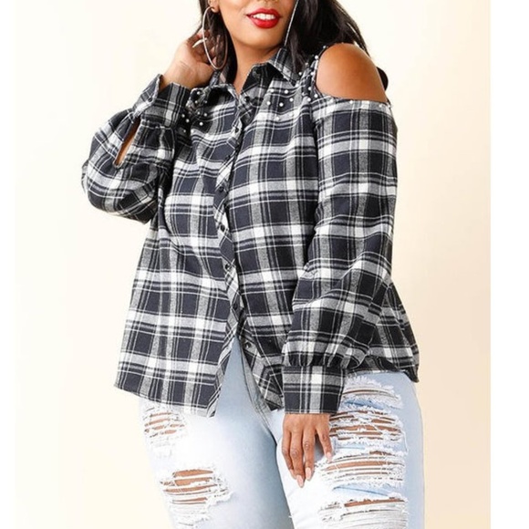 Plus Black Plaid White Pearl Cold Shoulder Shirt - Picture 3 of 8
